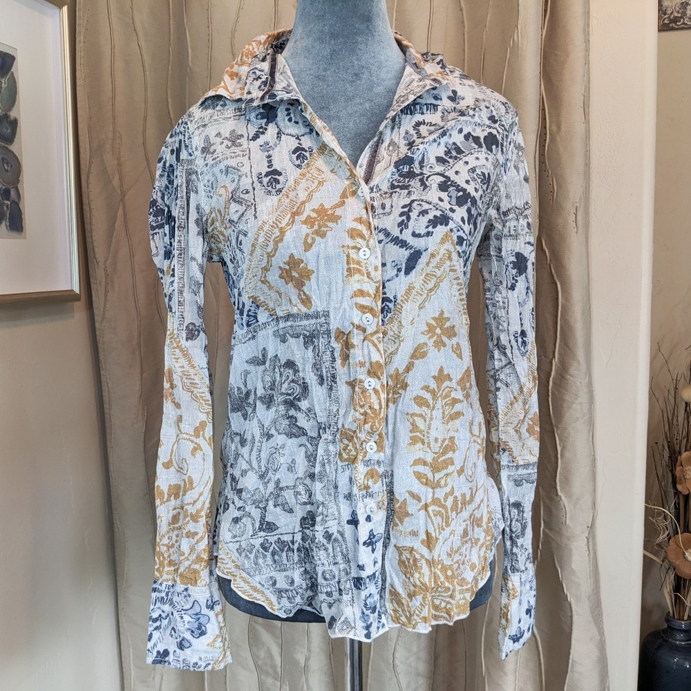 Cino Crinkle Cotton Voile Button Down Blouse XXS Floral Patchwork Damask Blue